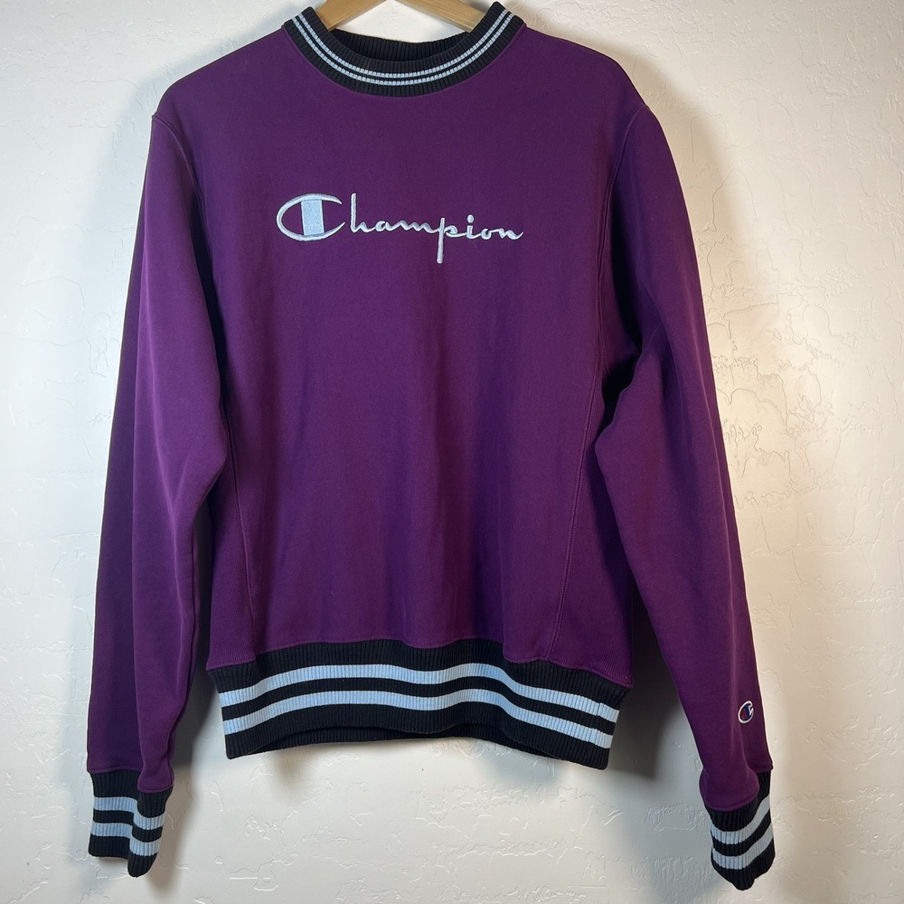 Champion Reverse‎ Weave Sweatshirt Yarn Dye Ribbed Stripe Trim Purple Sz Small